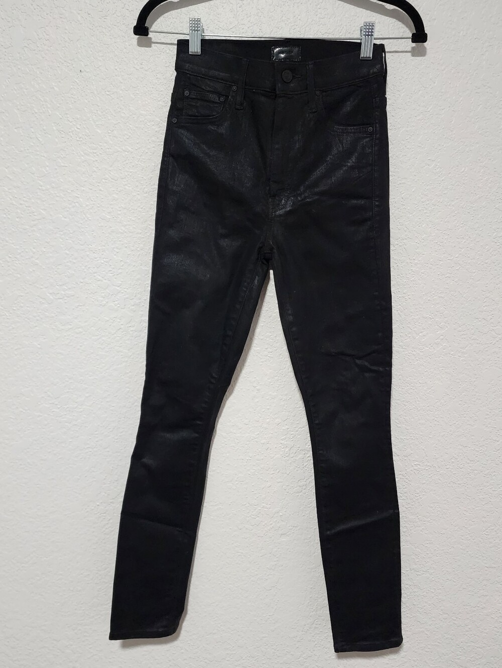 MOTHER Coated Waxed Black Skinny Jeans High Rise Faux Leather Look Stretch 24